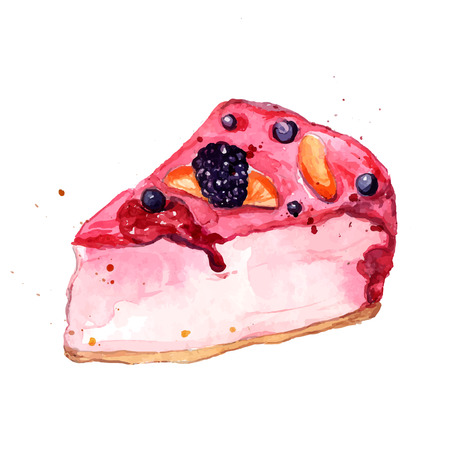 slice of cake with pink fruit jelly qiwi and strawberry. Vector dessert illustration isolated on white background.のイラスト素材