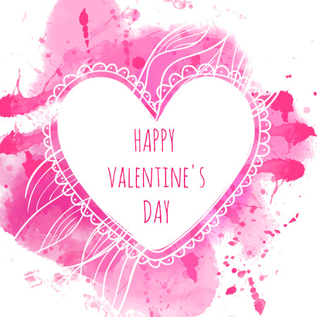 Hand drawn heart frame. Pink watercolor splash backgroundのイラスト素材