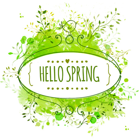 Ornate frame with doodle bird and template text hello spring. Green watercolor splash backgroundのイラスト素材