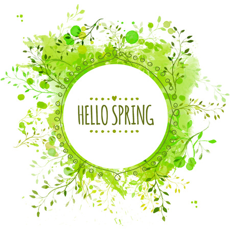Circle frame with text hello spring. Green paint splash background with leavesのイラスト素材
