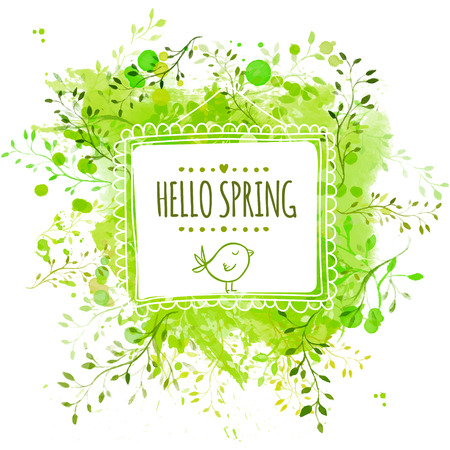 Square frame with doodle bird and text hello spring. Green watercolor splash background with leaves. Artistic vector design for banners, greeting cards, spring sales.のイラスト素材