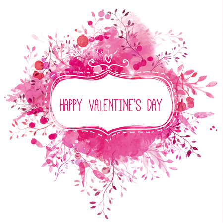 Frame with text Happy Valentine's Day at pink watercolor texture with ornate branches and splashes of paint. Vector artistic background.のイラスト素材