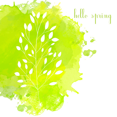 Green watercolor splash with white traces of branches of leaves. Vector spring backgroundのイラスト素材