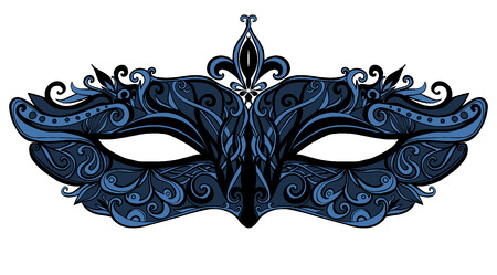 Fantasy mask with swirls and lace. Elegant and luxury fashion accessorie for masquerase.  Black and blue illustration isolated on white background.のイラスト素材