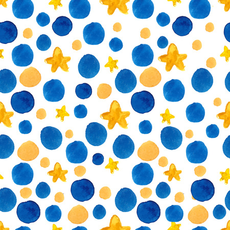 Night sky pattern with blue watercolor circles and yellow stars. Vector seamless background.のイラスト素材