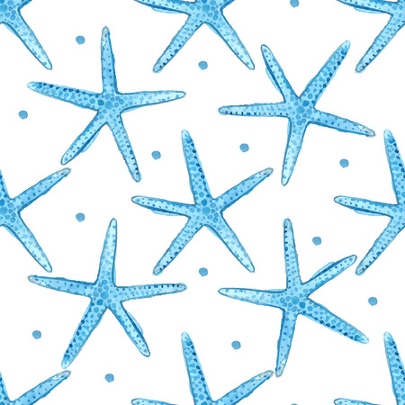 Blue sea stars background. Watercolor starfish seamless pattern.のイラスト素材
