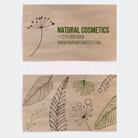 Two sided business card for natural cosmetics store or other eco friendly product. Hand drawn on craft paper branches and plants. Vector template.のイラスト素材