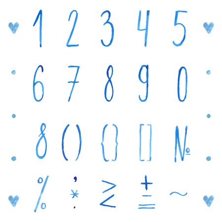 Set of hand drawn watercolor numbers and mathematical symbols. Vector digits for save the dates, invitations and other creative projects. Best with same style alphabet.のイラスト素材