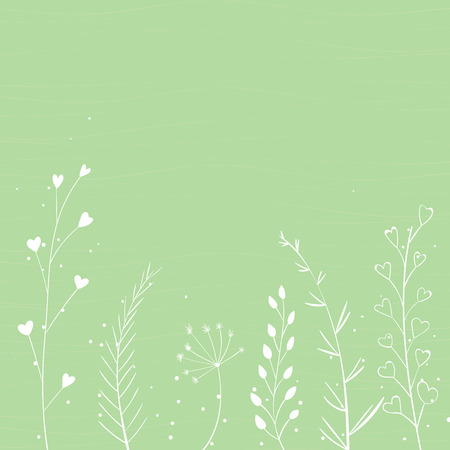 Green nature background with white branches silhouette and hand drawn plants. Vector spring backdrop.のイラスト素材