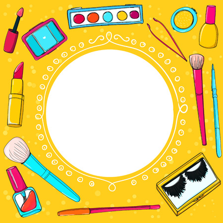 Cosmetics background with make up tools, brushes, mascara, lipstick and pencils.のイラスト素材