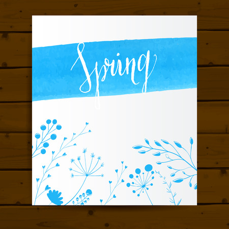 card template with blue paint stroke, hand drawn calligraphy word spring and plants with leaves. Vector nature backgroundのイラスト素材