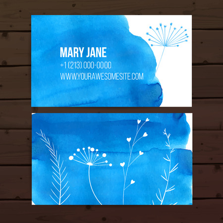 Business card template with blue watercolor paint background and white leaves and plants graphic. Vector layout.のイラスト素材