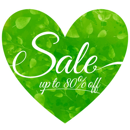 Word sale on green heart with leaves. Seasonal sales background.のイラスト素材