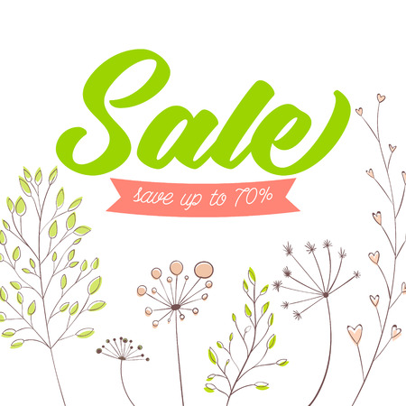 sale vector banner design. Green text on white background with stems, plants and nature decorative elements.のイラスト素材