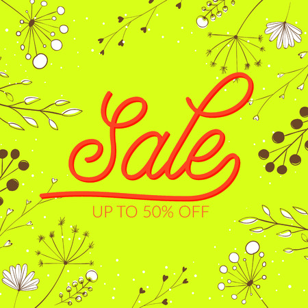 Summer sale vector banner design. Pink lettering on green background with stems, plants and nature decorative elementsのイラスト素材