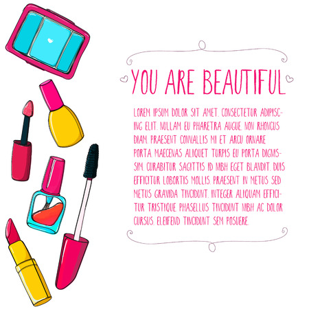 Makeup tools vector layout. Hand drawn illustrations of lipstick, mascara, nail polish tube and eyeshadowsのイラスト素材