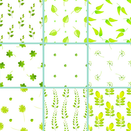 Set of watercolor seamless patterns with green leaves. Nature vector backgroundsのイラスト素材