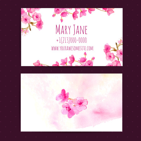 Business card vector template with pink cherry blosom flowers. Watercolor illustration.のイラスト素材