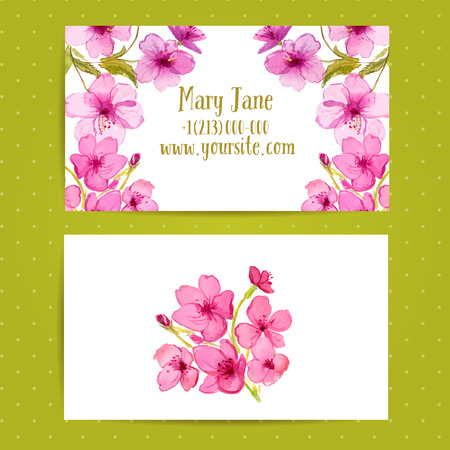 Business card template with watercolor flowers of cherry blossom. Vector identity layout.のイラスト素材