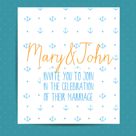 Wedding invitation template with blue anchors. Vector nautical layout with watercolor.のイラスト素材