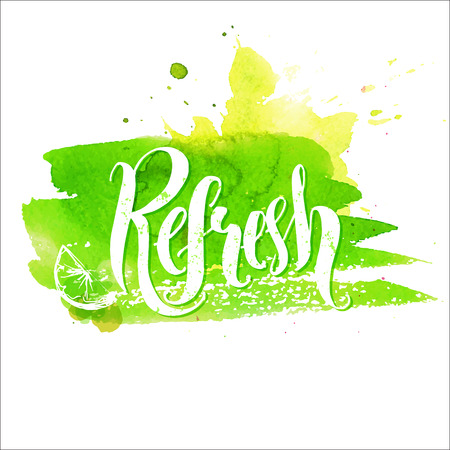 Hand lettering word refresh on green paint stroke. Vector illustration.のイラスト素材