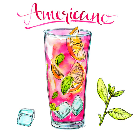Glass of americano cocktail with mint, orange and ice. Watercolor vector illustration of alcohol drink.のイラスト素材
