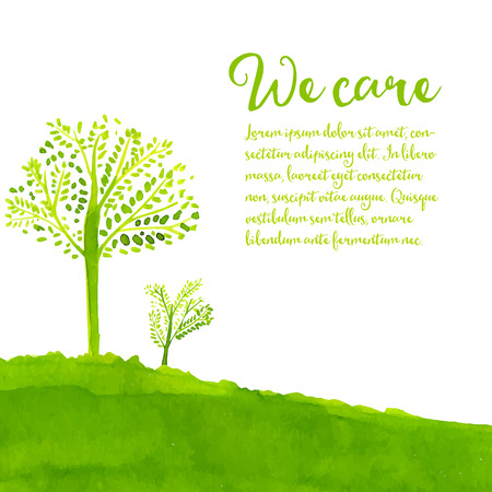 Green eco background with hand painted trees, grass and text we care.