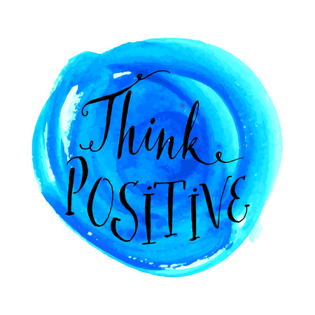 Illustrazione per Modern calligraphy inspirational quote - think positive - at blue watercolor background - Immagini Royalty Free