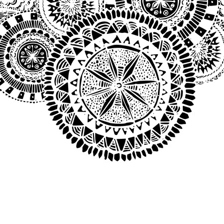 Black and white ornate hand drawn doodles with round mandala elements. Coloring page for adults. Vector graphic tribal background.のイラスト素材