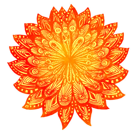 Hand drawn watercolor doodle orange flower. Indian mandala, symbol of luck and happiness. Vector design element.のイラスト素材
