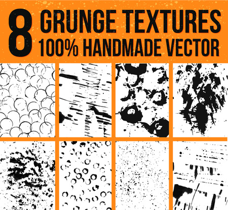 Collection of 8 vector ink textures. Backgrounds for real artistic and handmade look. Grunge and messy splotches, stains and sprays.のイラスト素材