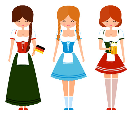German girls in traditional bavarian dress with beer and flag. Oktoberfest cute vector character illustration.のイラスト素材