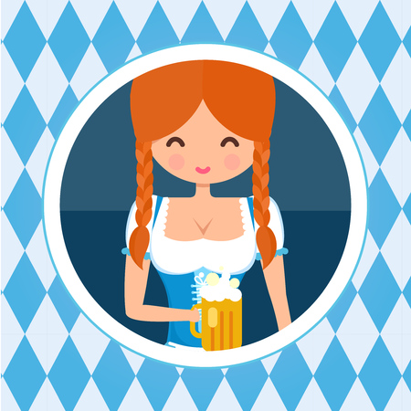 German girl circle avatar portrait. Blonde girl in traditional dress with beer. Flat octoberfest character vector illustration.のイラスト素材