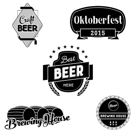 Beer badges and logo. Black and white vector typography labels for beer packaging, bar menu, brewing house. Oktoberfest 2015 sign with ribbon.のイラスト素材