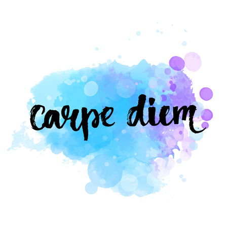 Carpe diem - latin phrase means seize the day, enjoy the moment. Inspirational quote expressive handwritten with brush on colorful watercolor imitation texture background Vector calligraphy art.のイラスト素材