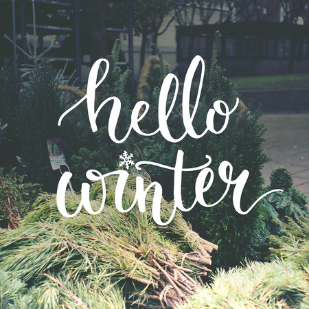 Hello winter typography overlay on photo of european Christmas tree market.の写真素材