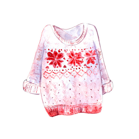Warm and cozy sweater with scandinavian pattern with geometry snowflakes. Red and white colors. Winter watercolor illustration isolated on white backgroundの写真素材