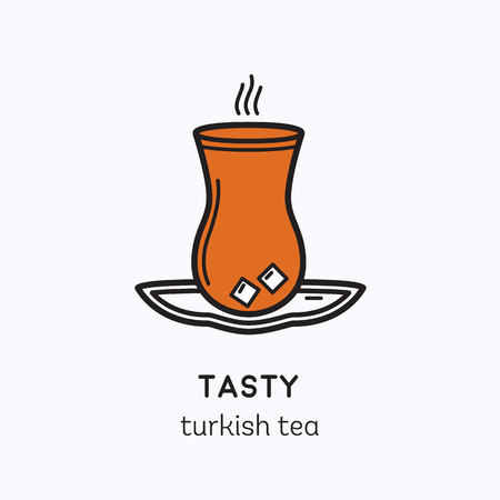 Turkish tea served in armud glass. Vector line logo with national drink.のイラスト素材