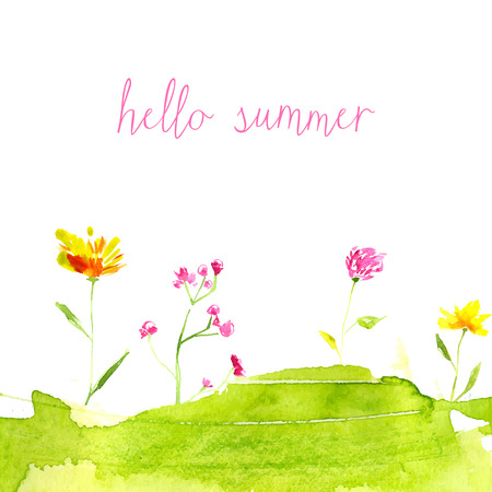 Hello summer text with hand painted watercolor wild flowers and leaves. Vector illustration.のイラスト素材