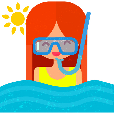 Happy girl in diving mask with snorkel. Swimming in blue water. Summer flat vector illustration with cute character.のイラスト素材