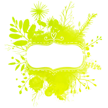 Doodle decorative frame with text spring sale. Nature inspired pink and green background with watercolor texture and leaves. Vector design for spring advertisement, banners, cards.のイラスト素材