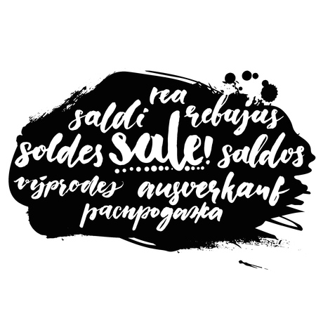 Sale word in different european languages. Soldes, soldi, rebujas, saldos, ausverkauf and rea. Black friday banner with script calligraphy text.のイラスト素材