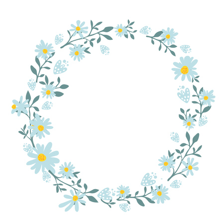 Hand drawn spring wreath with camomile flowers. Round frame for cards and wedding invitations, spring sale banners and summer offers. Vector round border with copyspaceのイラスト素材