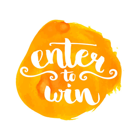 Enter to win giveaway badge. Banner for social media contests. Brush lettering at orange watercolor stainのイラスト素材