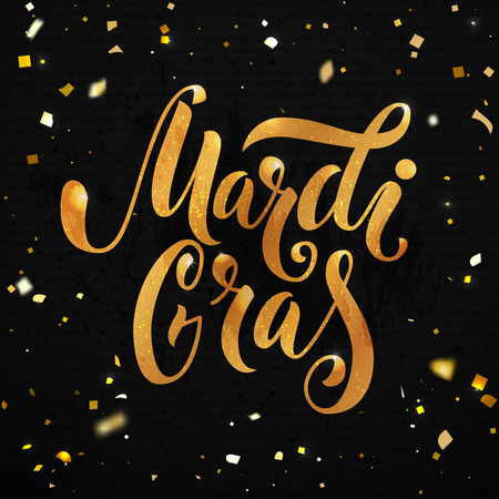 Mardi gras carnival poster design. Golden text with sparkle particles at black background. Hand lettering, vector typeのイラスト素材