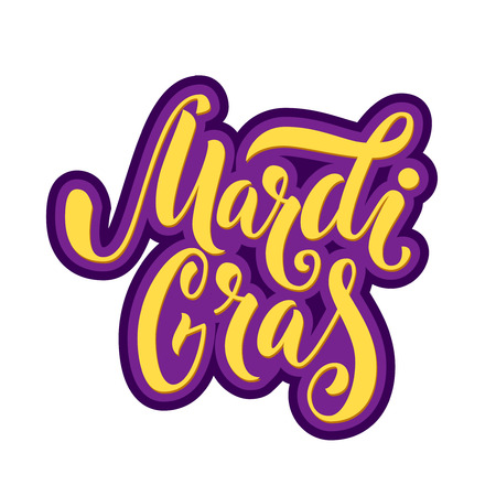 Mardi gras type. Bold yellow lettering with purple outline isolated on white backgroundのイラスト素材