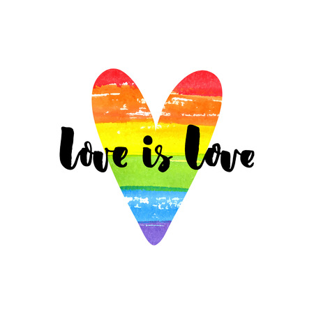 Love is love. Inspirational quote on rainbow heart. Gay pride slogan, homosexuality emblemのイラスト素材
