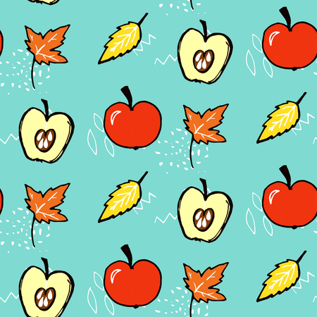 Autumn seamless pattern. Vector background with red apples and maple leaves. Fall blue texture with hand drawn illustrationsのイラスト素材