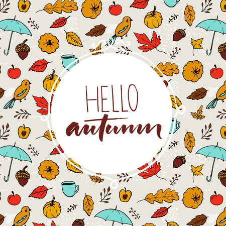 Hello autumn text in round frame on hand drawn fall background with umbrella, orange leaves and pumpkinsのイラスト素材