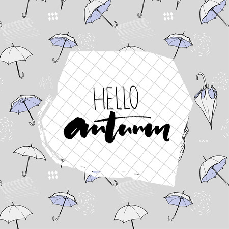 Hello autumn text on squared paper. Background pattern with flying open umbrellas. Gray and blue colors with hand drawn sketch illustrationsのイラスト素材